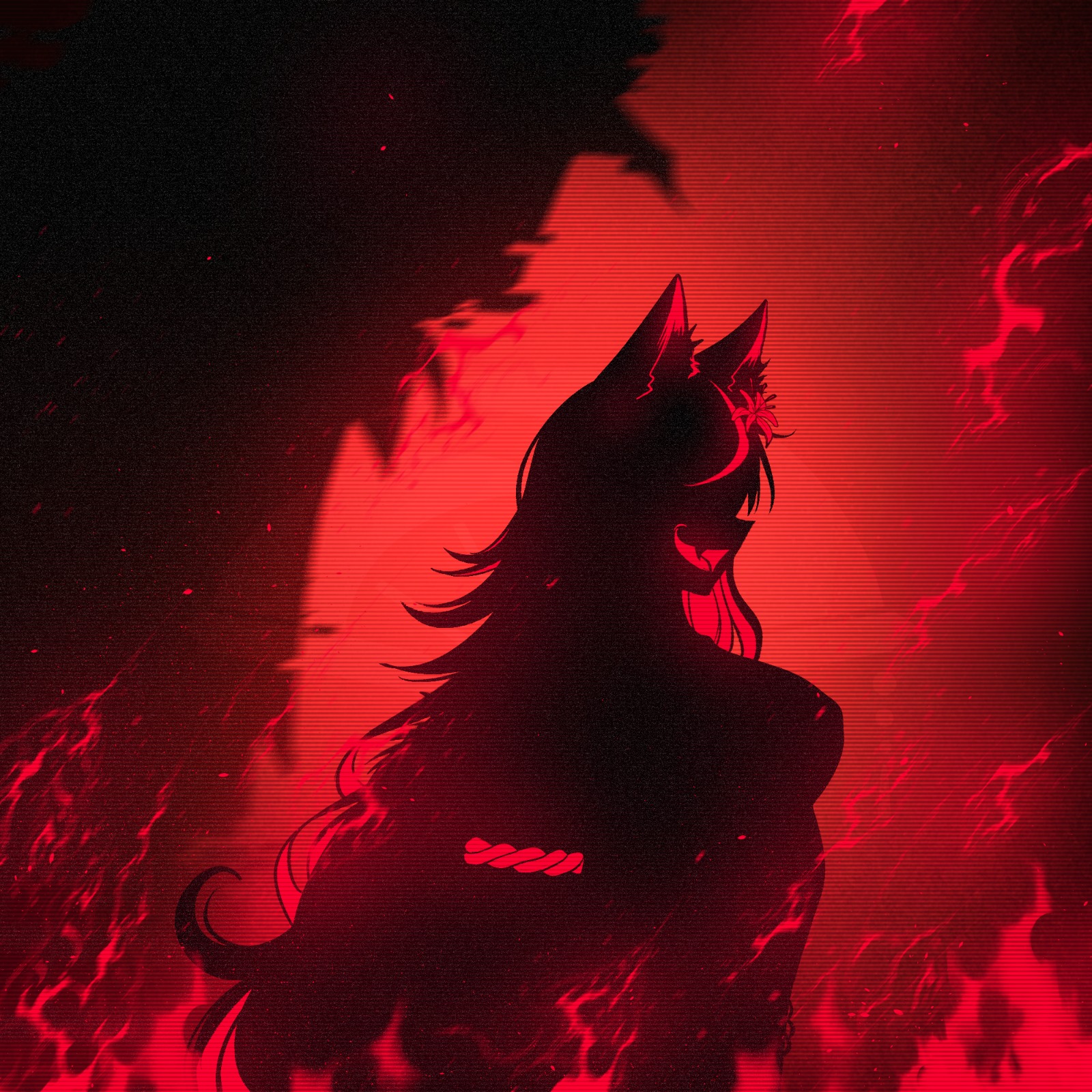 VTuber Sachiko envolto de chamas e sobre um efeito impedido avistar sua aparência.